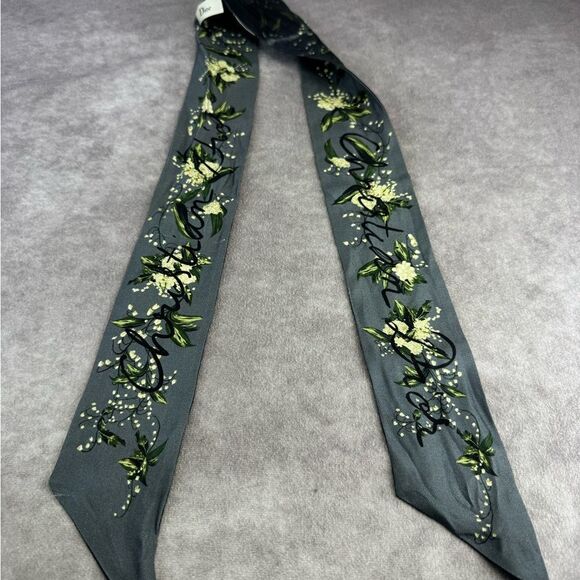 Christian Dior Mitzah Gray Floral Blue Silk Scarf Twilly - Picture 6 of 10